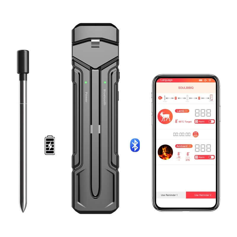 Wireless Bluetooth meat thermometer with probe, charging case, and smartphone app interface