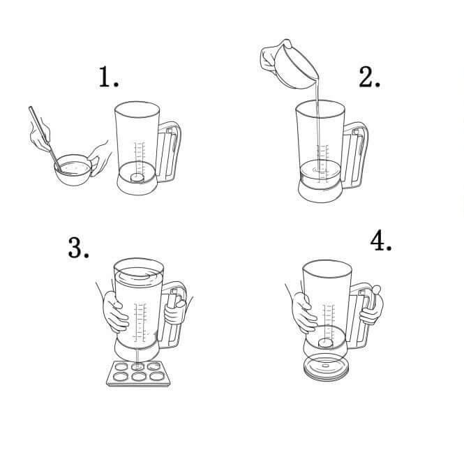 Step-by-step batter dispenser instructions with mixing bowl, pouring, and muffin tray