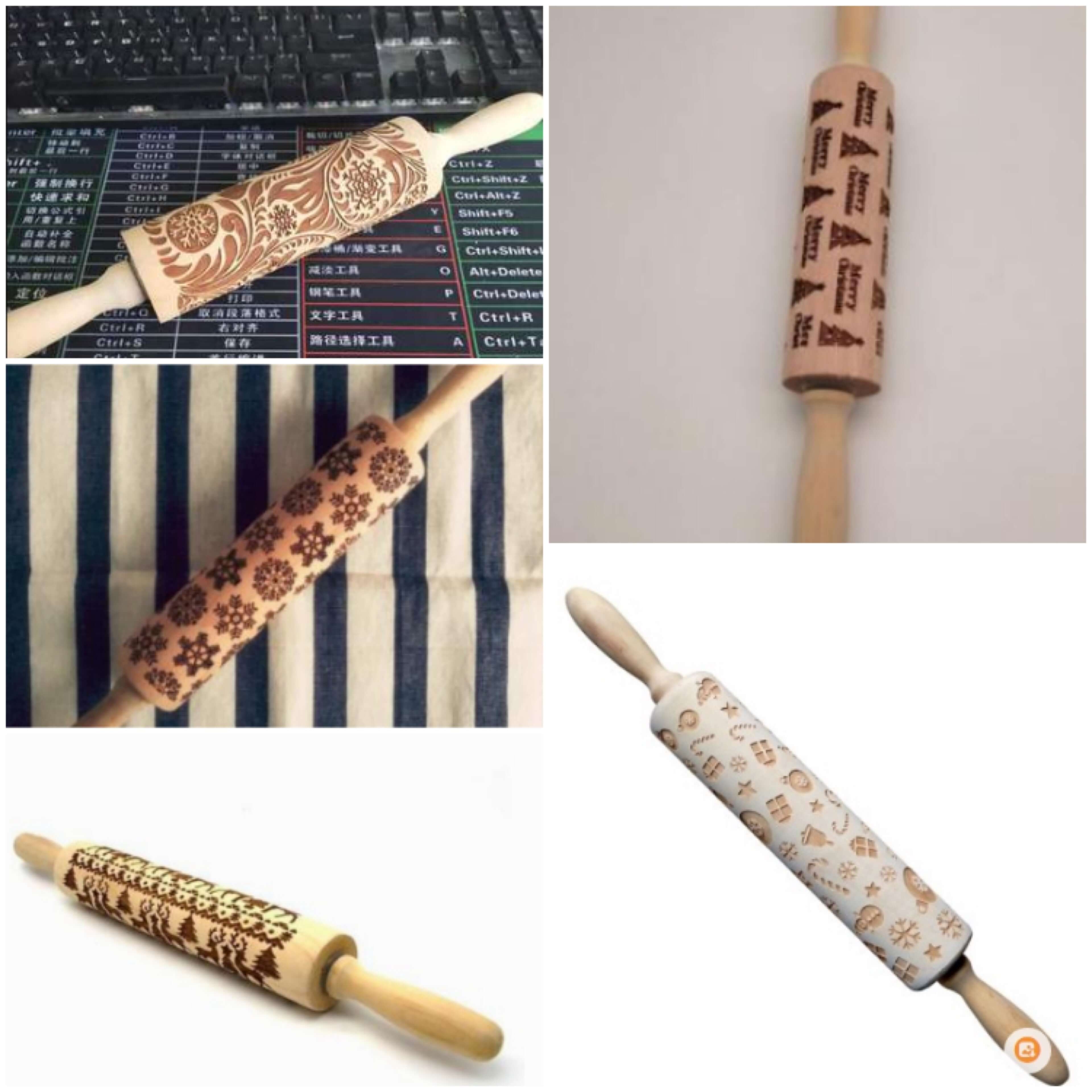 Assorted embossed rolling pins with decorative patterns for baking cookies and pastries