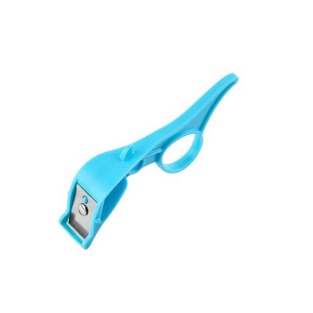 Blue plastic kitchen bottle opener and cutter tool with stainless steel blade