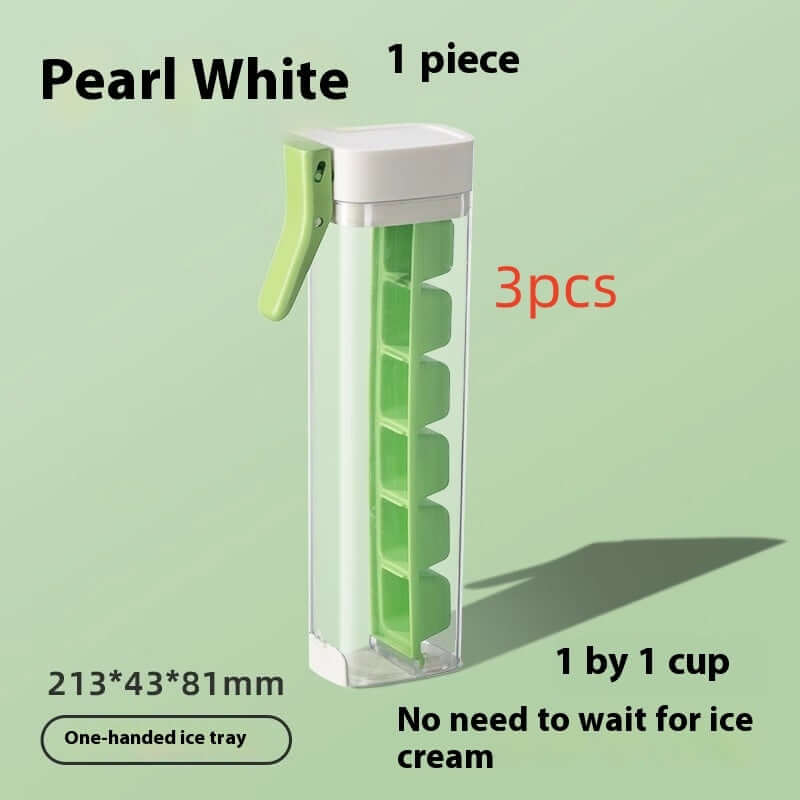 Pearl white one-handed ice tray with green ice mold, kitchen accessory, 213x43x81mm.