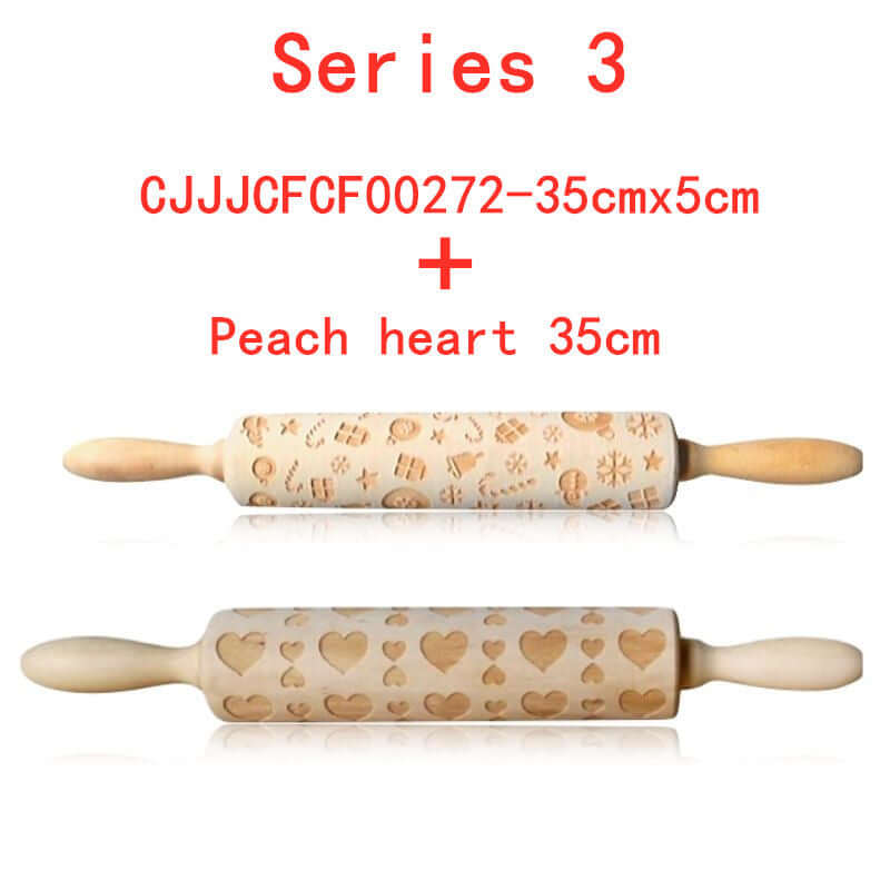 Two wooden embossed rolling pins with holiday and heart patterns, kitchen accessories