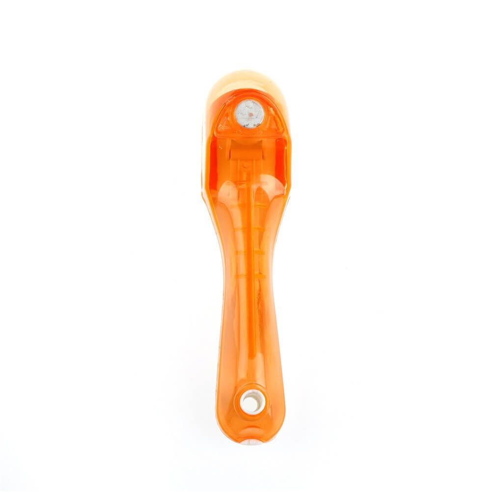 Orange kitchen tool with a clear handle and circular rotating blade on white background