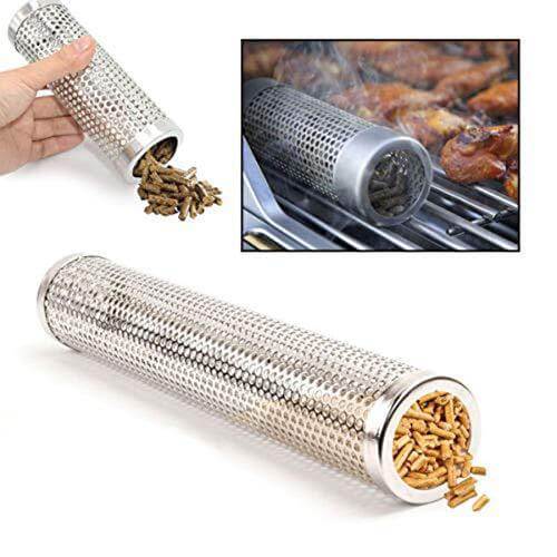 Stainless steel pellet smoker tube filled with wood pellets for grilling and BBQ.