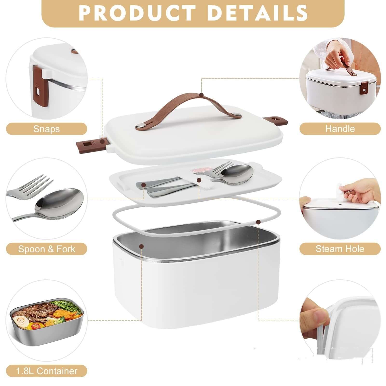 White 1.8L stainless steel lunch box with snaps, handle, steam hole, spoon, and fork compartment.