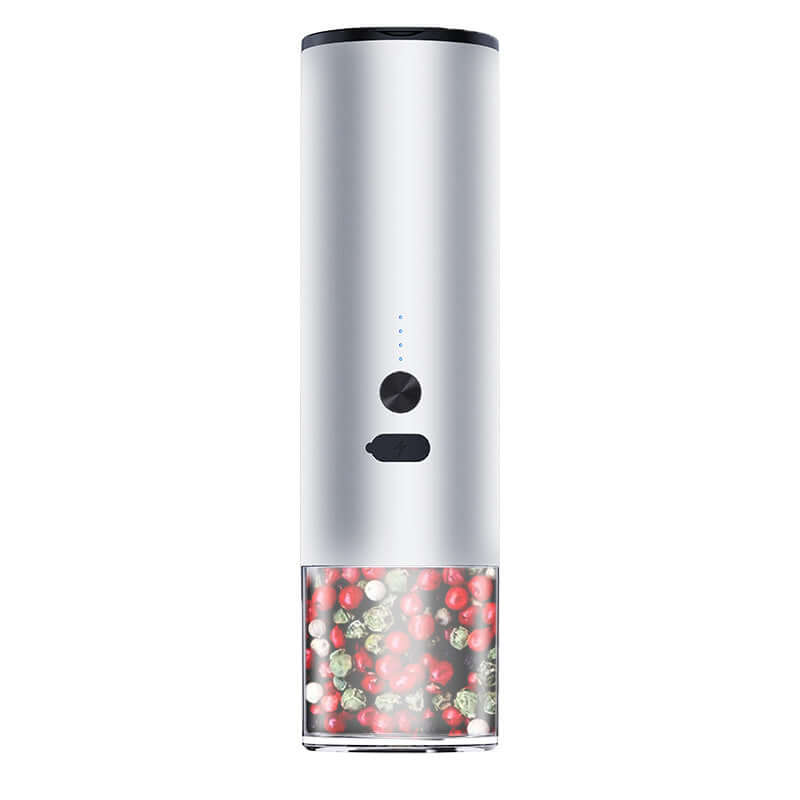 Electric stainless steel pepper grinder with transparent spice chamber, kitchen accessory