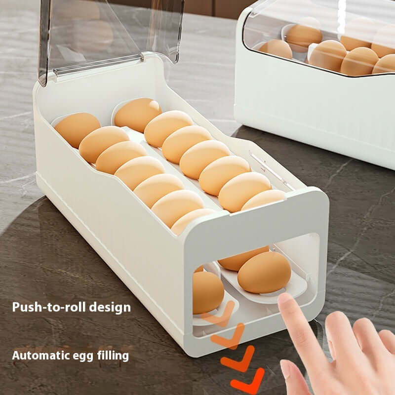 Stackable automatic egg dispenser with push-to-roll design on kitchen countertop