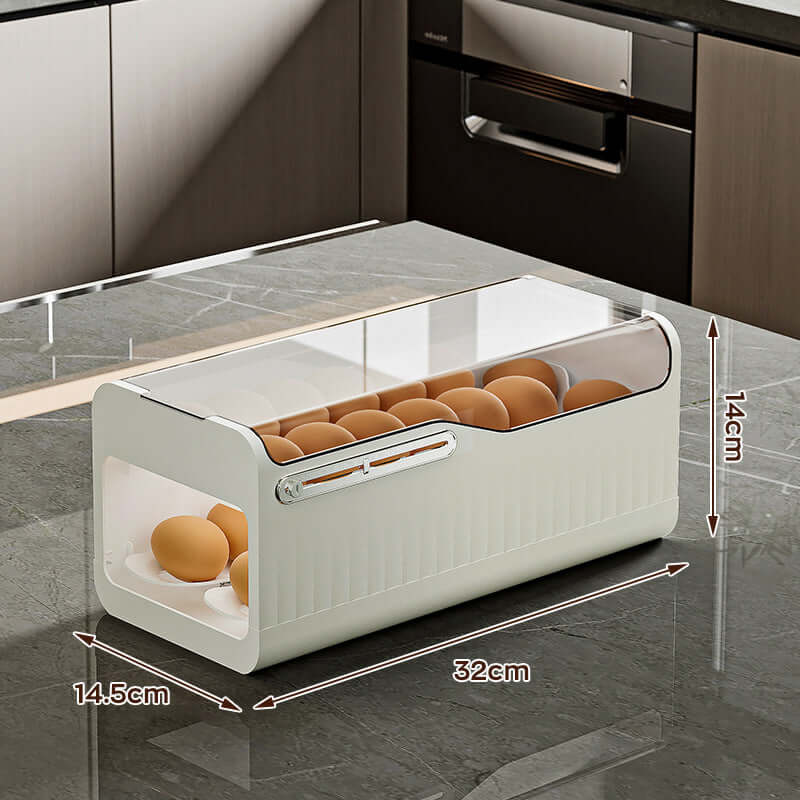 Egg storage container with clear lid on kitchen countertop, dimensions labeled 32x14.5x14cm