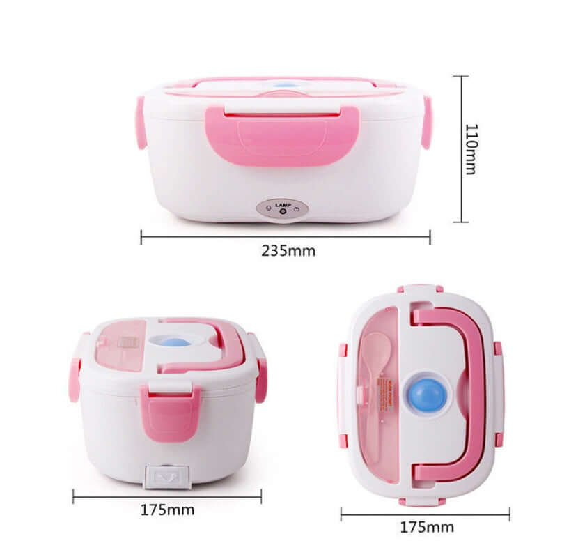 Pink and white electric lunch box food heater with handle and spoon compartments, dimensions shown