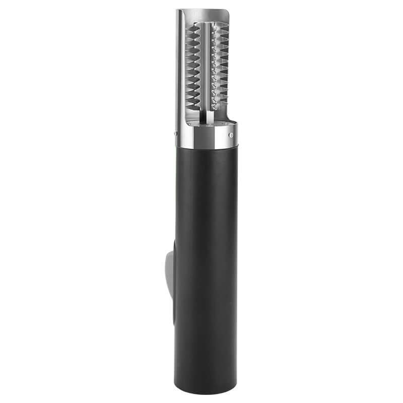 Stainless steel black meat tenderizer tool kitchen accessory upright on white background