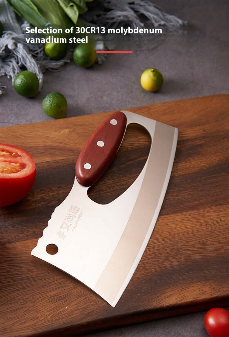 30CR13 stainless steel kitchen cleaver with wooden handle on cutting board, surrounded by tomatoes and limes