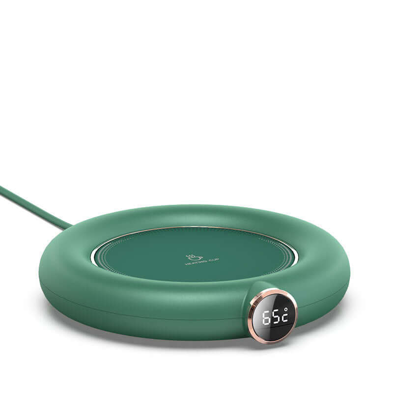 Green electric mug warmer with digital temperature display, kitchen accessory