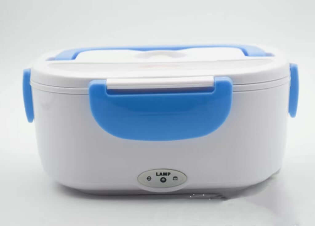 Electric lunch box with blue handles, portable food warmer kitchen accessory