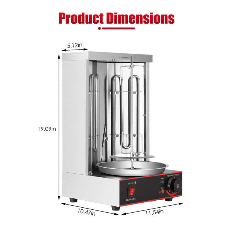 Stainless steel kitchen rotisserie grill with heating element, control panel, and product dimensions shown.