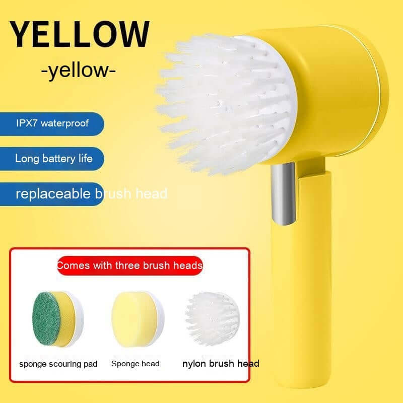 Yellow electric kitchen scrubber with three replaceable brush heads, waterproof, long battery life.