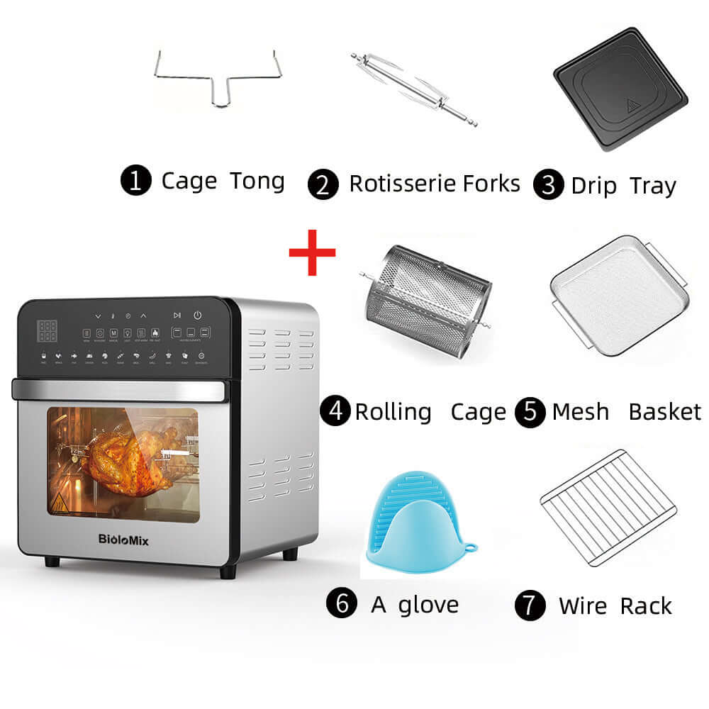 Air fryer oven with accessories including cage tong, rotisserie forks, drip tray, rolling cage, mesh basket, silicone glove, and wire rack, ideal for kitchen cooking.