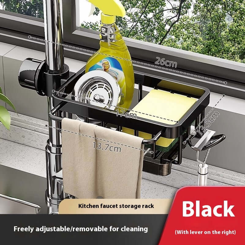 Black adjustable kitchen faucet storage rack holding cleaner bottle, sponge, dish towel, and sink strainer