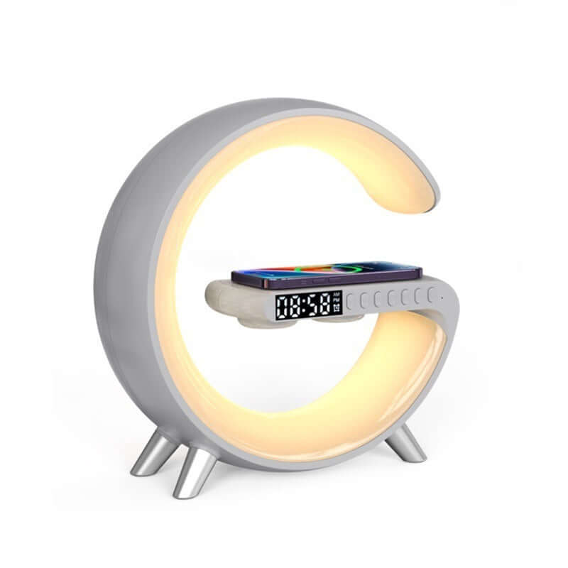 Modern circular LED lamp with clock, wireless phone charging and minimalist design