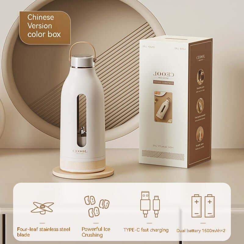 Portable electric blender with white bottle, box packaging, and charging features on kitchen counter.