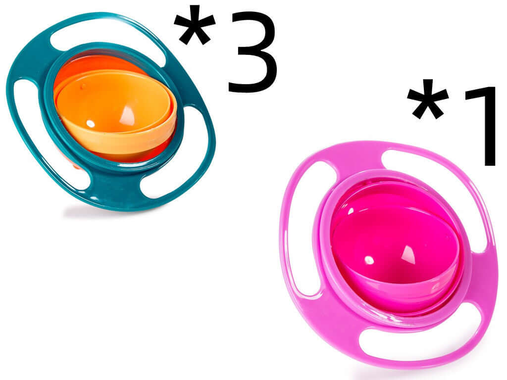 Anti-spill gyroscopic bowls in pink and orange, ideal for kids, shown in sets of 1 and 3.