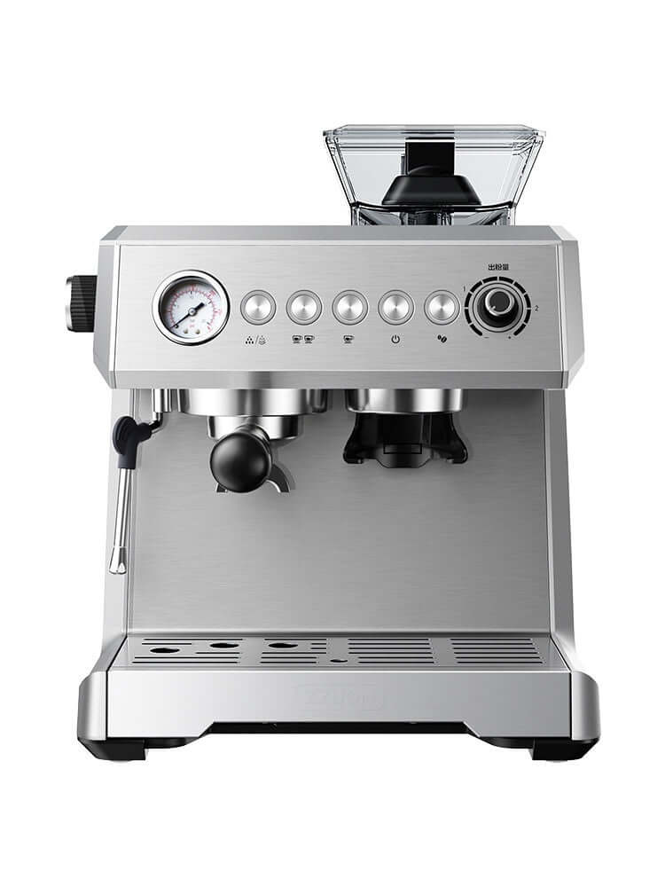 Stainless steel espresso machine with grinder and steam wand for home kitchen