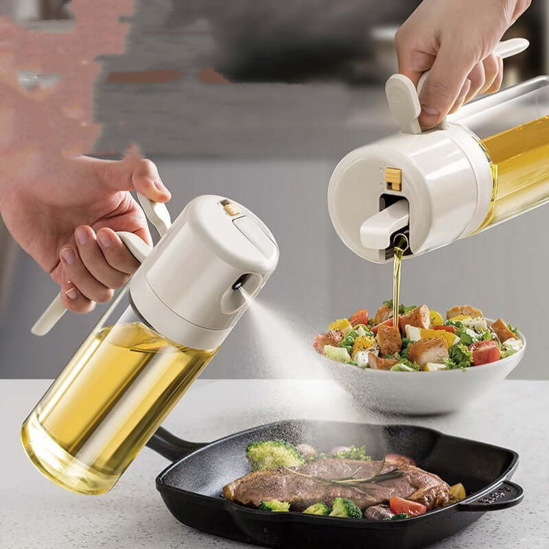 Oil sprayer and dispenser used for cooking steak in skillet and dressing salad
