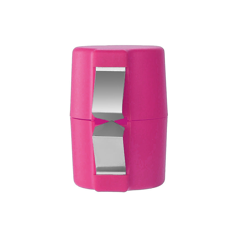 Pink compact kitchen knife sharpener with stainless steel blades on white background