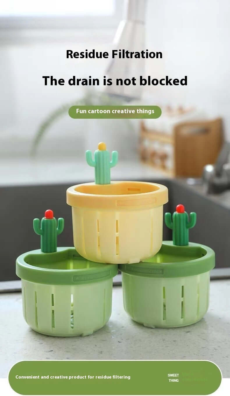 Cute cactus-shaped plastic kitchen sink strainers for food residue filtration on a countertop