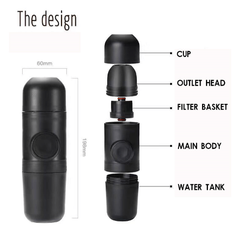 Black portable coffee maker with labeled parts: cup, outlet head, filter basket, main body, water tank.
