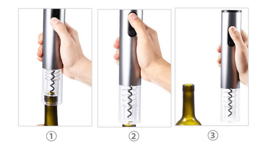 Step-by-step use of electric wine bottle opener on a glass bottle
