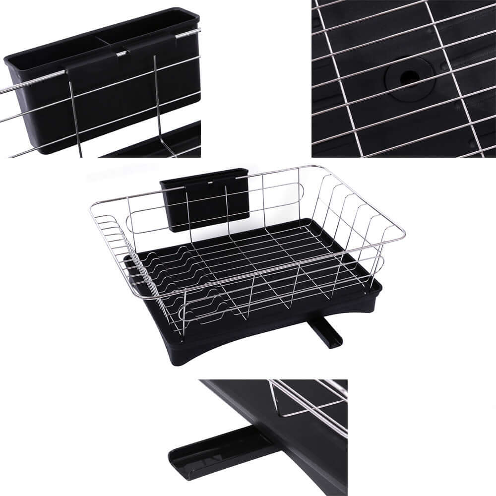 Black and silver dish drying rack with utensil holder and drip tray for kitchen countertops