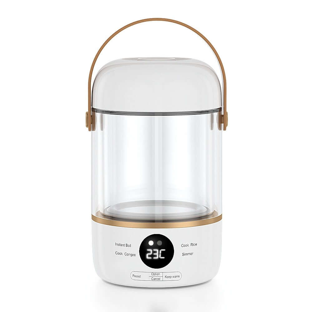 Electric glass rice cooker with digital display, portable design, modern kitchen appliance