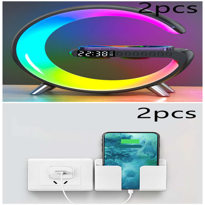 Set of two LED digital alarm clocks with colorful display and two wall phone charging holders.