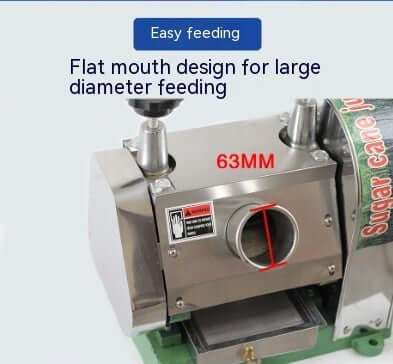 Stainless steel sugar cane juicer with flat 63mm feed mouth for large diameter feeding.