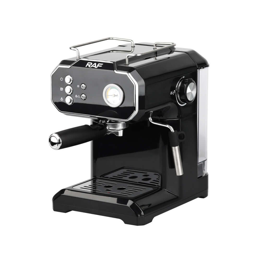Black espresso coffee machine with steam wand and pressure gauge on a white background
