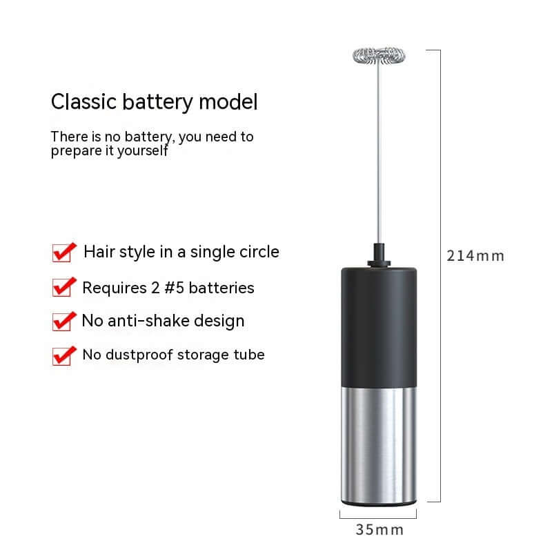 Battery-powered handheld milk frother with stainless steel body, compact kitchen accessory
