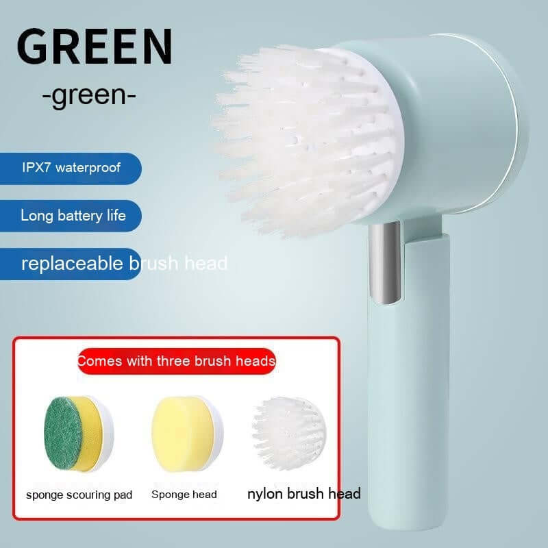 Green electric kitchen cleaning brush with replaceable heads, IPX7 waterproof, long battery life