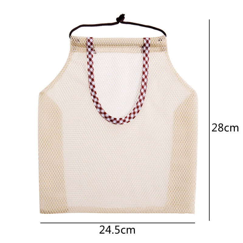 Reusable mesh produce bag with checkered handles, 28x24.5cm, kitchen storage accessory