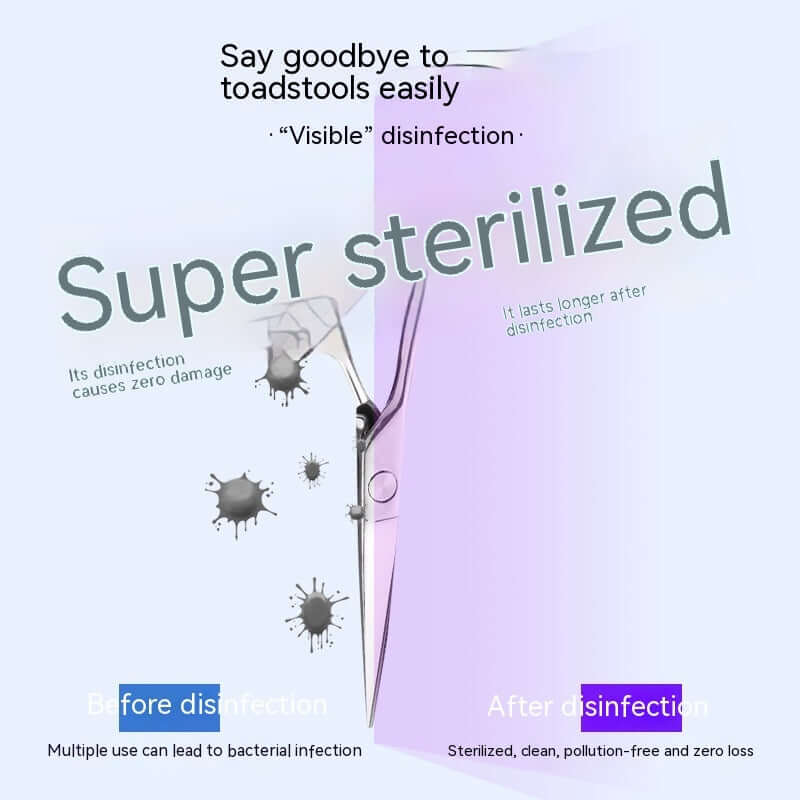 Sterilized kitchen scissors with visible disinfection, before and after bacteria removal comparison.