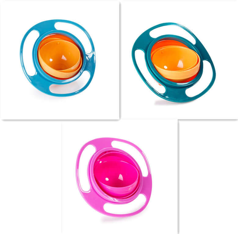 Colorful non-spill gyroscopic bowls for kids, kitchen accessory, in blue and pink
