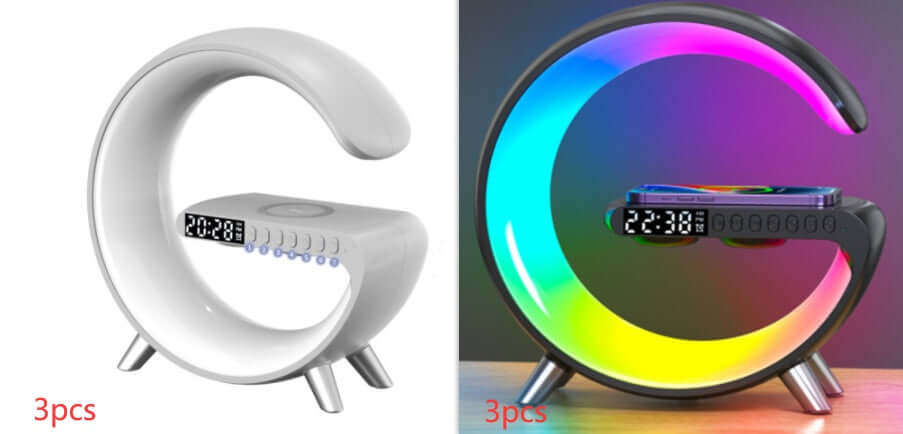 Modern G-shaped digital alarm clock with LED display and wireless phone charging, set of 3