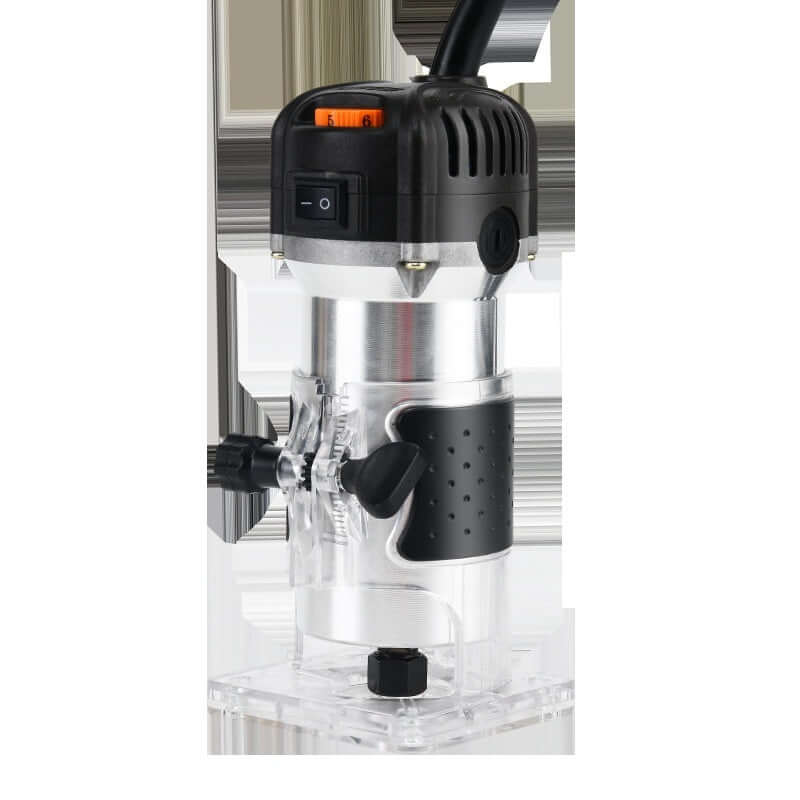 Electric handheld wood router tool with ergonomic grip and transparent base for woodworking.