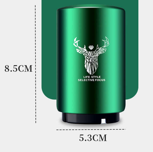 Green cylindrical kitchen gadget with geometric deer design, 8.5cm tall, 5.3cm wide