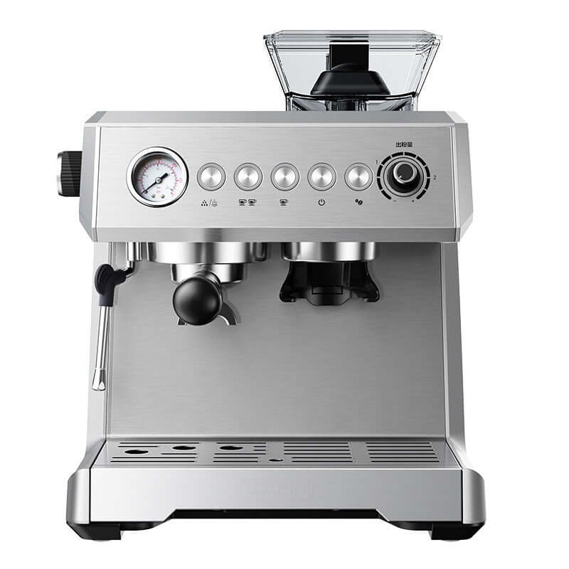 Stainless steel espresso machine with grinder, pressure gauge, and control buttons