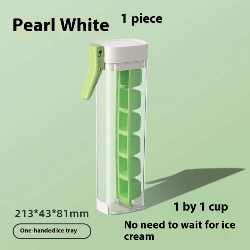 One-handed ice tray in pearl white with green ice mold, kitchen accessory on light green background.