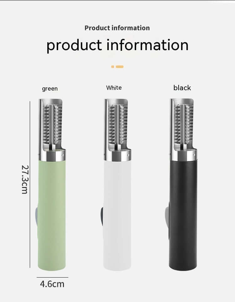Electric vegetable peeler in green, white, and black with stainless steel blade, 27.3cm tall
