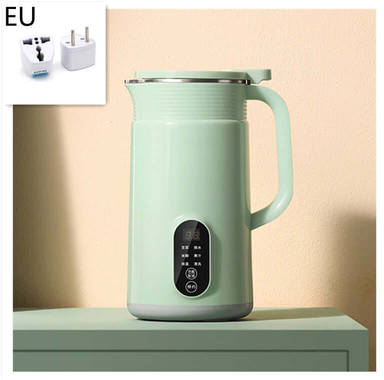 Mint green electric kettle with digital display and handle, EU plug adapter included
