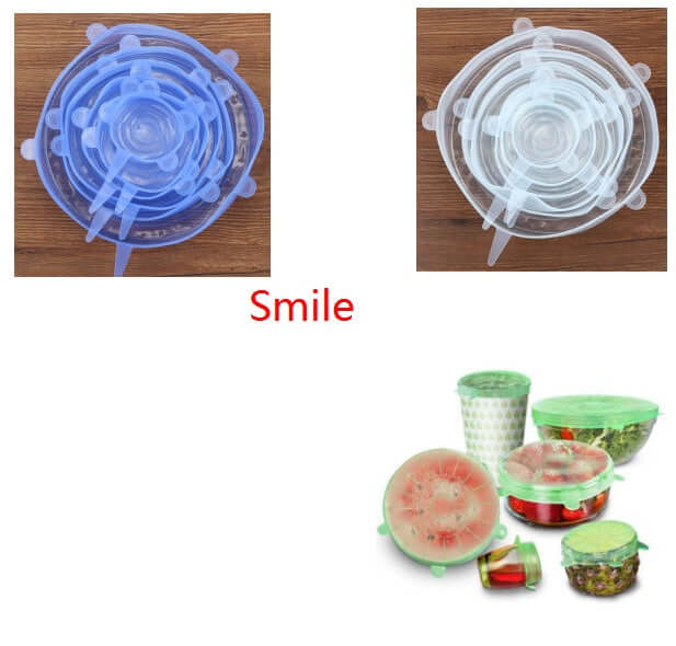 Reusable silicone stretch lids in various sizes covering bowls and food containers