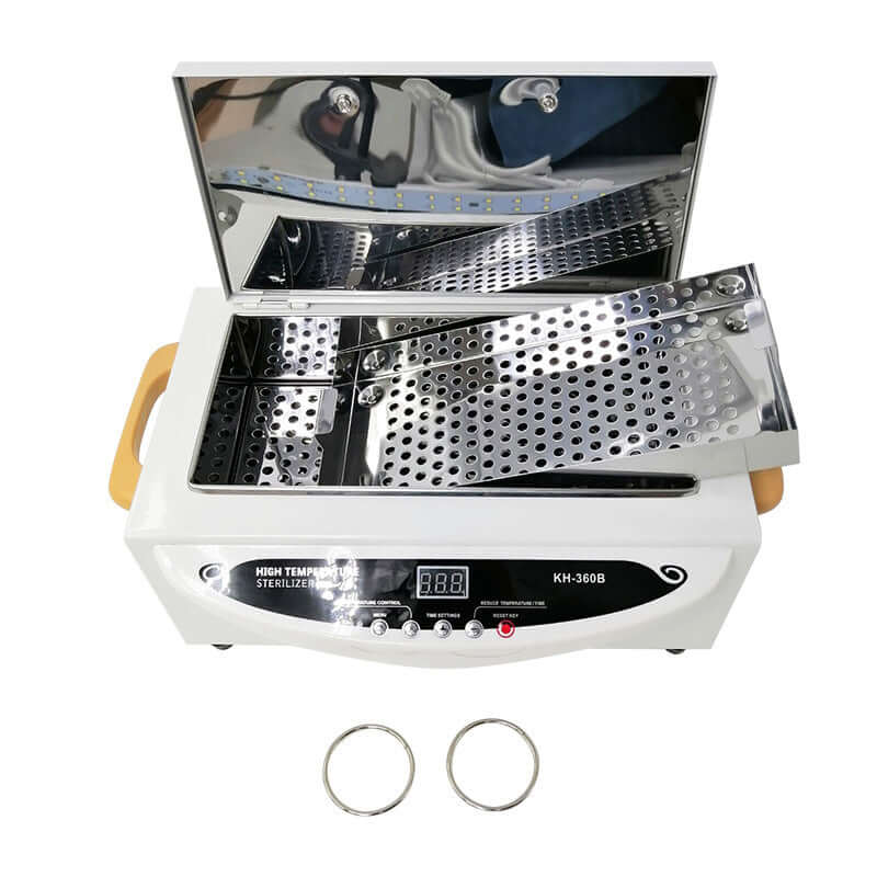 Digital high temperature kitchen sterilizer with open lid, metal racks, and two rings on white background