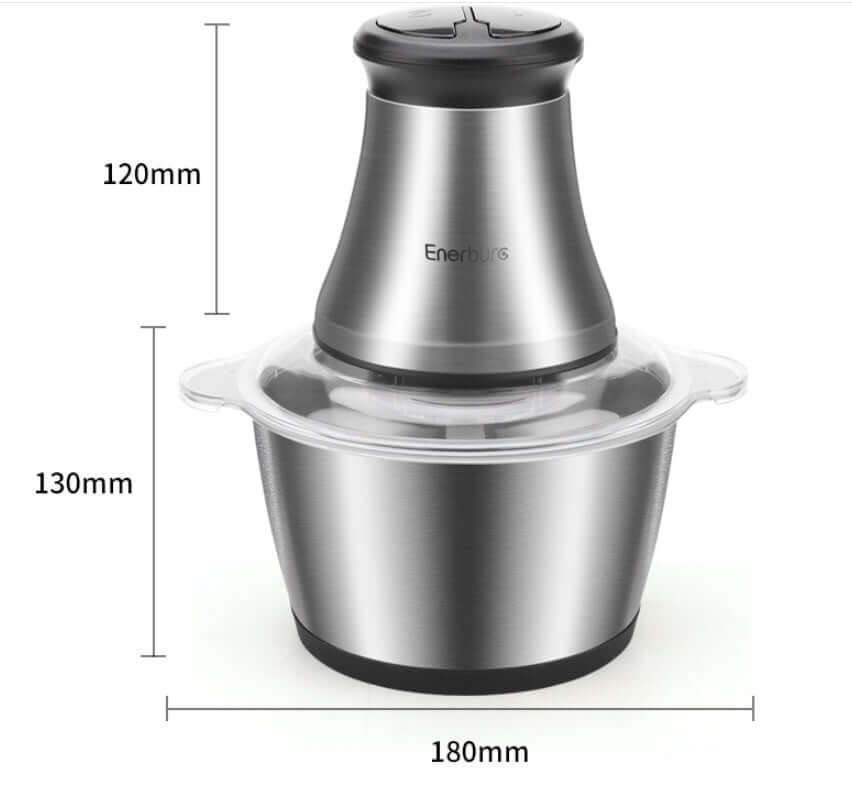 Stainless steel electric food chopper with lid, dimensions labeled, kitchen appliance